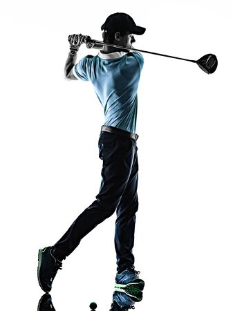 Man Golf golfer golfing isolated shadow silhouette white backgroundの写真素材