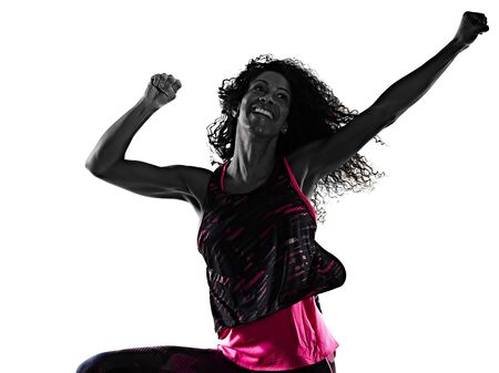 woman cardio dancer dancing fitness fitness exercises isolated white backgroundの写真素材