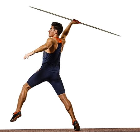 young man athletics Javelin athlete isolated white backgroundの写真素材