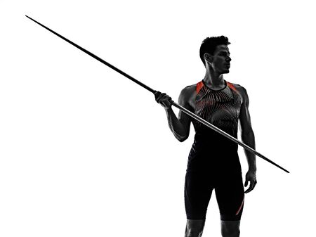 young man athletics Javelin athlete isolated white backgroundの写真素材