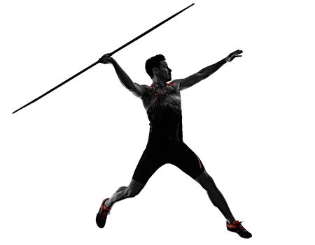 young man athletics Javelin athlete isolated white backgroundの写真素材