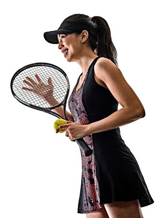 young tennis player asian woman isolated white brackground silhouetteの写真素材