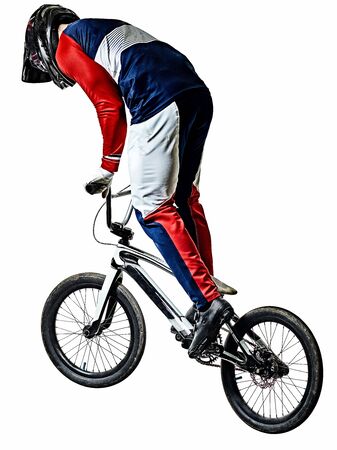 BMX racer man silhouette isolated white backgroundの写真素材