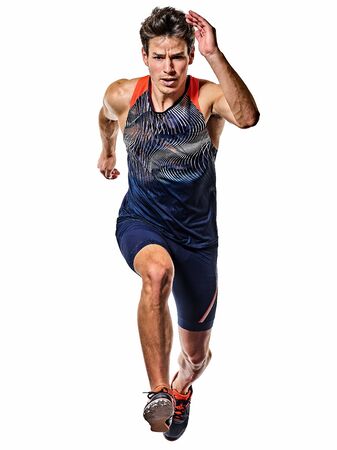 young man athletics runner running sprinter sprinting isolated white backgroundの写真素材