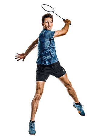 Badminton player young man isolated white backgroundの写真素材
