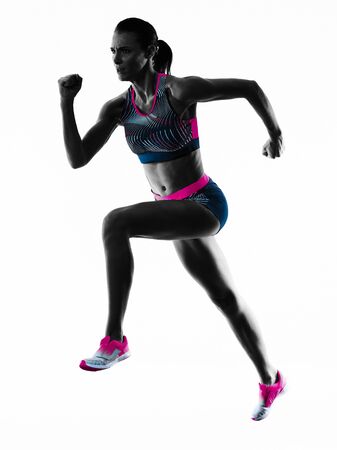 young woman runner running jogger jogging athletics isolated white backgroundの写真素材
