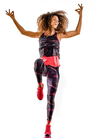 woman cardio dancer dancing fitness fitness exercises isolated white backgroundの写真素材