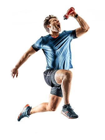 one caucasian runner running jogger jogger young man in studio isolated on white backgroundの写真素材