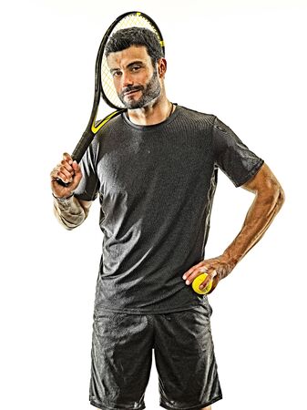 mature tennis player man isolated white backgroundの写真素材