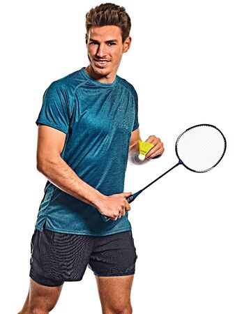 Badminton player young man isolated white backgroundの写真素材
