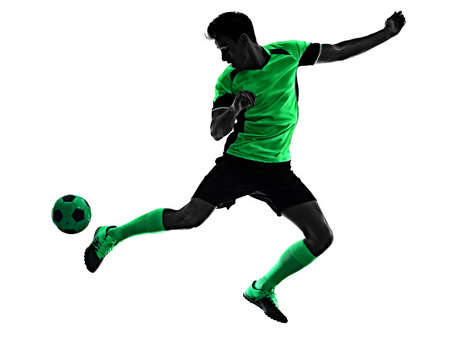 young soccer player man silhouette shadow isolated white backgroundの写真素材