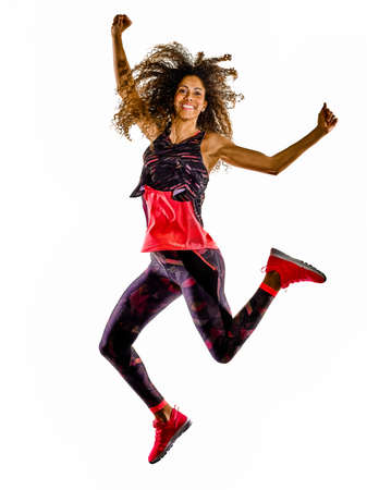 woman cardio dancer dancing fitness fitness exercises isolated white backgroundの写真素材