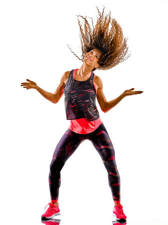 woman cardio dancer dancing fitness fitness exercises isolated white backgroundの写真素材