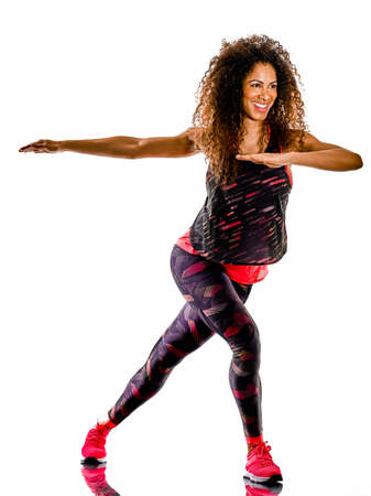 woman cardio dancer dancing fitness fitness exercises isolated white backgroundの写真素材