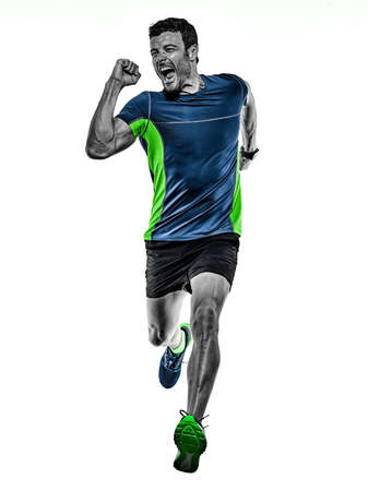 mature man running runner jogging jogger isolated white backgroundの写真素材