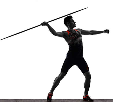 young man athletics Javelin athlete isolated white backgroundの写真素材