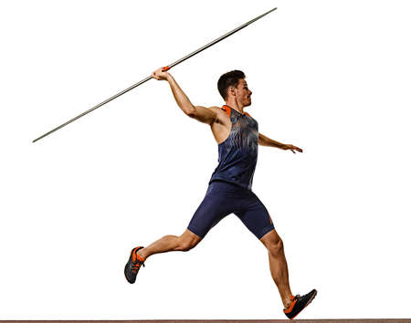 young man athletics Javelin athlete isolated white backgroundの写真素材