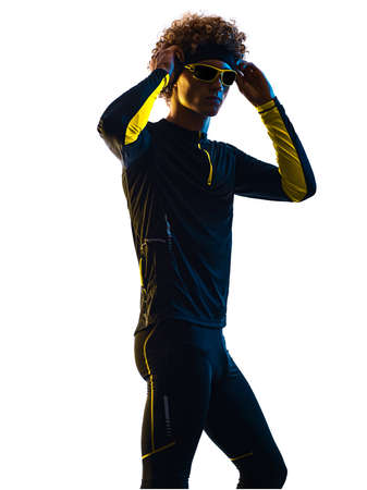 youg runner jogger running jogging man silhouette isolated white backgroundの写真素材