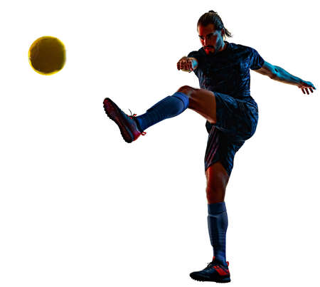 young soccer player isolated white background silhouette shadowの写真素材