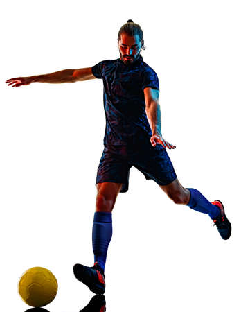 young soccer player isolated white background silhouette shadowの写真素材