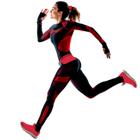 woman runner running jogger jogging jumpsuit isolated white backgroundの写真素材
