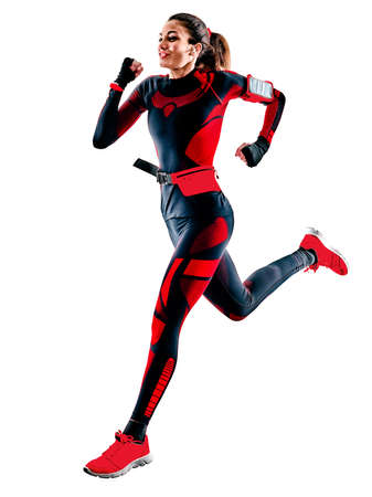 woman runner running jogger jogging jumpsuit isolated white backgroundの写真素材