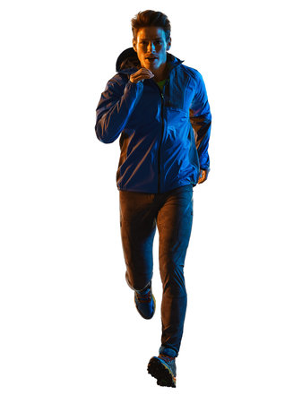 trail cross country runner running man silhouette shadow isolated white backgroundの写真素材