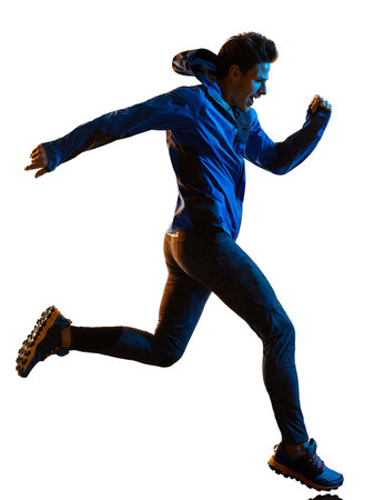trail cross country runner running man silhouette shadow isolated white backgroundの写真素材