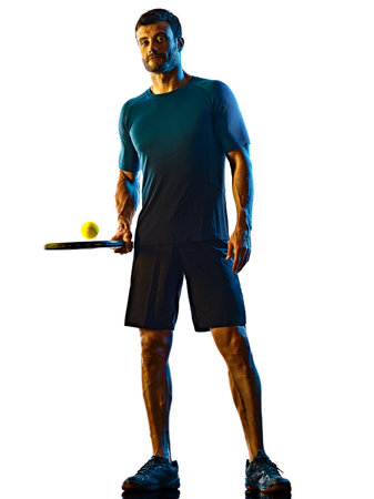 mature man Tennis Player shadow silhouette isolated white backgroundの写真素材