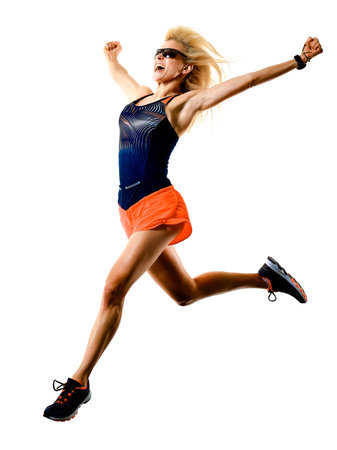 beautiful woman runner jogger jogging running isolated white backgroundの写真素材