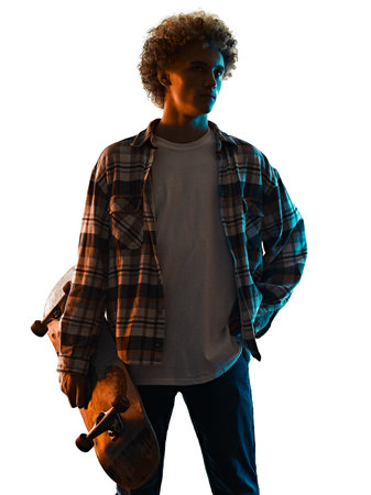 young man skateboarder Skateboarding isolated white background shadow silhouetteの写真素材