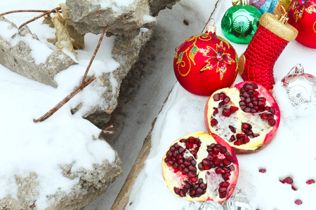 Christmas balls and fir branches with decorations isolated over whiteの写真素材