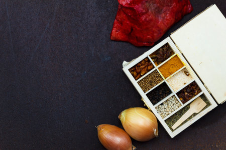 Raw meat on metal background, top view, borderの写真素材