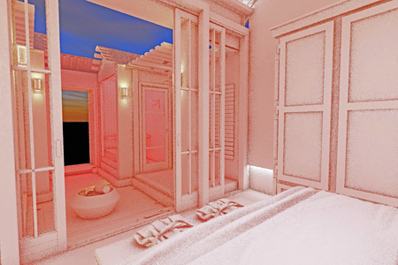 A 3D rendering of pink bedroom interiorの写真素材