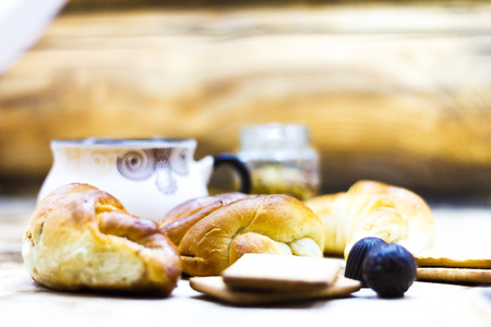 Romantic tropical breakfast Danish pastry, coffee, juice. Summer background.の写真素材