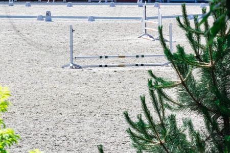 Show jumping barriers on the ground. Arena for equestrian sportsの写真素材
