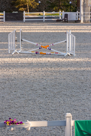 Show jumping barriers on the ground. Arena for equestrian sportsの写真素材