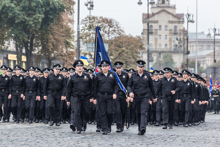 KYIV, UKRAINE - AUGUST 24, 2016: Soldiers of the National Police of Ukraine during military parade in Kyiv, dedicated to the Independence Day of Ukraineのeditorial素材