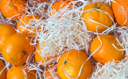 The beautiful oranges on a counter, fruit background close upの写真素材