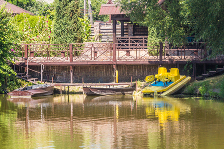 boat and catamaran near the shore of the lake. summerの写真素材