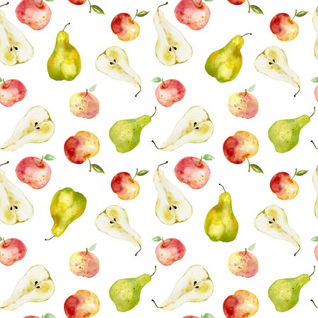 Seamless colorful background from juicy apples pears, drawn in watercolor. Elements of the autumn...