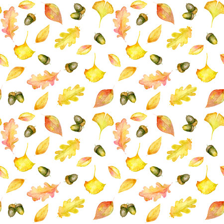Seamless colorful background made of watercolor leaves of oak, ginkgo tree, acorns, leaves. Elements of the autumn garden. Natural print for wrapping paper, fabric, scrapbooking and packaging designの写真素材