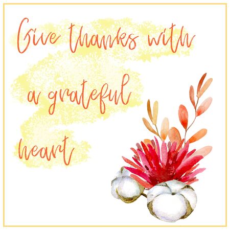 Watercolor autumn template with red flower, orange leaves and cotton bolls. Invitation card. Elements in square shape. Ideal for design banners, leaflets, cards for your text or invitation.の写真素材