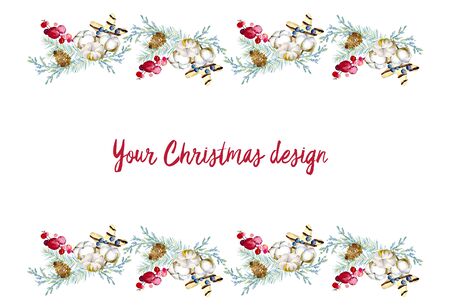 Christmas and New Year border with watercolor painted elements. Holiday decorative frame for greeting card, invitations, menu and other design.の写真素材