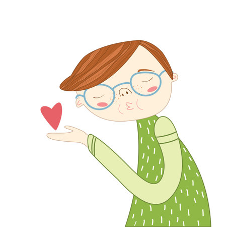 Sweet flat illustration with boy with glasses sends an air kiss, red heart . Cute vector illustration for Valentine's day. Loving boy. Sorry cardのイラスト素材