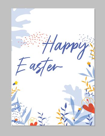 Trendy colorful Happy Easter greeting card with flowers eggs and bizarre elements.Good for poster, card, invitation, flyer, cover, banner, placard, brochure and other graphic design. Vector illustration.のイラスト素材