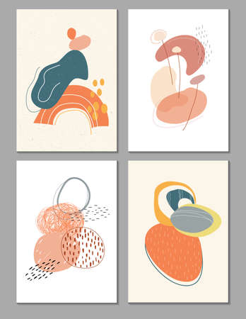 Collection of contemporary art posters in pastel colors.Abstract cut geometric elements and strokes, leaves and dots.Deisgn for social media, postcards, print.Trendy summer, autumn vector illustrationのイラスト素材
