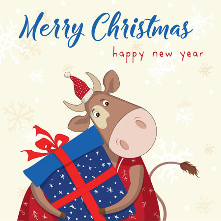 Cute vector bull with Christmas gift. New Year's and Christmas greeting cards. Banner, poster, stickers, prints and home interior decor.Templates for the holiday.Social media post.Xmas. Red, greenのイラスト素材
