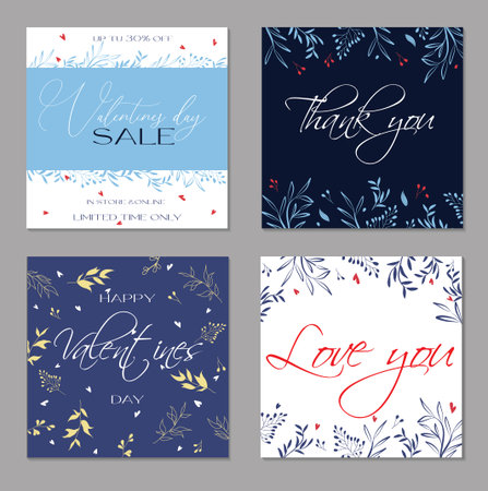 Set of trendy abstract valentine's day templates. For advertising flyers, greeting cards and social media posts. Delicate and modern design. Thanks cards. Love you. Sale. Floral pattern. Vectorのイラスト素材