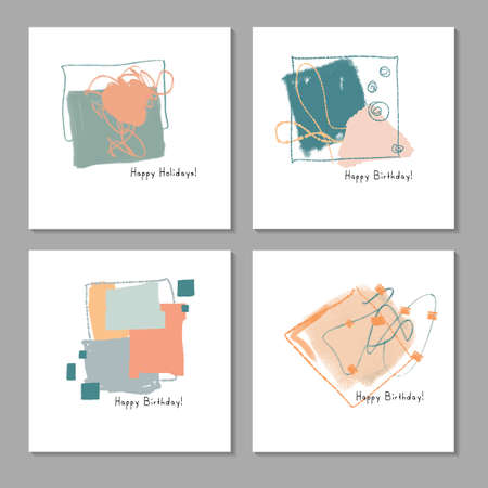 Set of Creative Abstract Illustrations for Postcard, Social Media Banner or Brochure Cover Design Background. Minimalistic trendy Artwork. Vector. Modern cards Happy Birthday and Happy Holidaysのイラスト素材